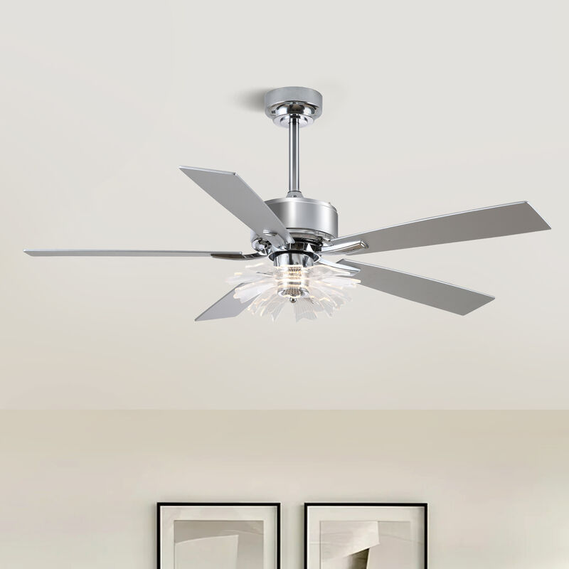 52" Modern Chrome Dimmable Reversible Ceiling Fan with Lotus-shaped Light Guide Plate and Remote