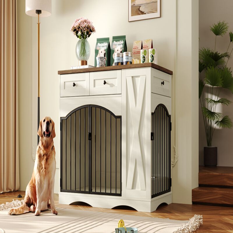 Whisen 43.3" Indoor Wooden Cabinets, Dog Kennel with 3 Drawers and Removable Feeder image number 6