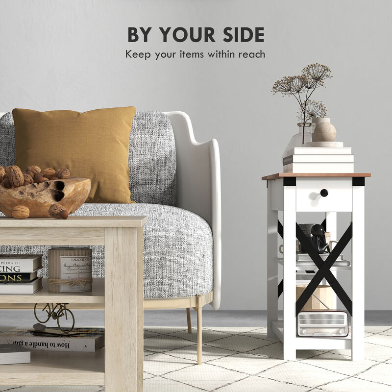 Side Table with Charging Station, End Table with Storage, White