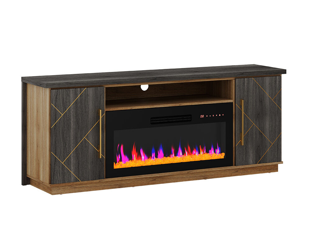 BELLEZE 68 Inch Electric Fireplace TV Stand With Gold Grim