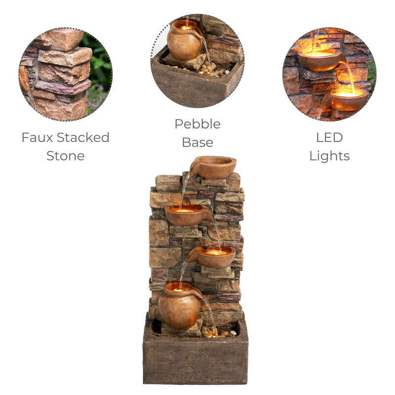 Outdoor 4-Tier Cascading Water Fountain with LED Lights, Brown image number 2