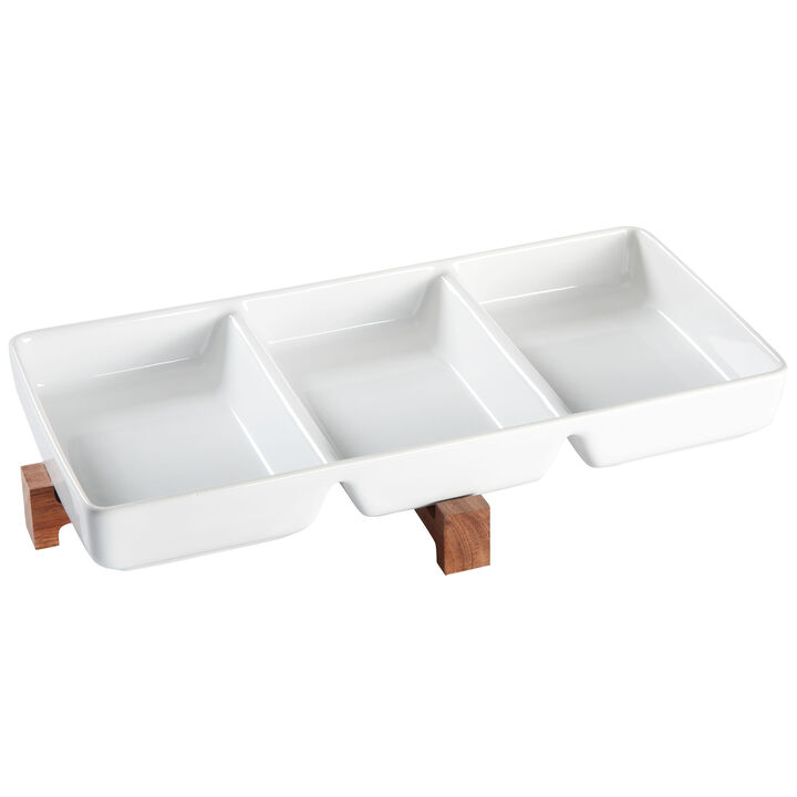 Gibson Elite Gracious Dining 2 Piece 3-Section Stoneware Tidbit Dish with Acacia Wood Stand in White