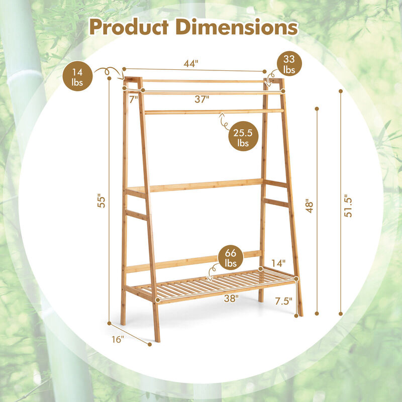 Bamboo Clothing Rack with Storage Shelves-Natural