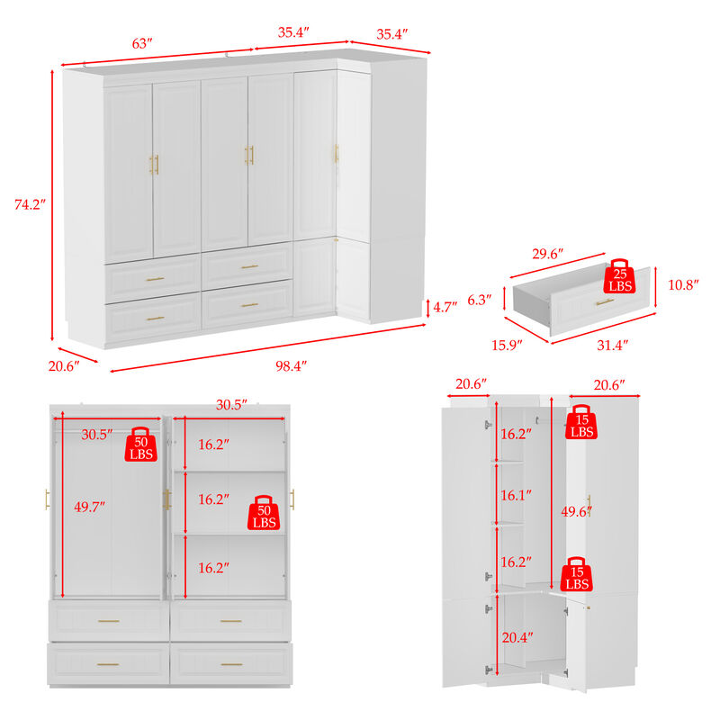 FUFU&GAGA Large Capacity Multifunctional Wardrobe with Concealed Storage, 6 Doors and 4 Drawers with Hanging Rod, (98.4 in. W x 20.6 in. D x 74.2 in. H), White