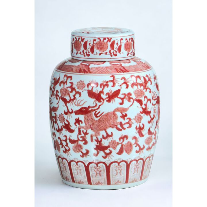 Aai Ginger Jar, Chinoiserie Deer Design, Red And White