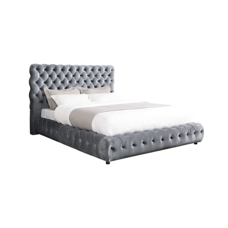 Goy Queen Size Bed, Diamond Tufted Gray Velvet Upholstery, Low Profile
