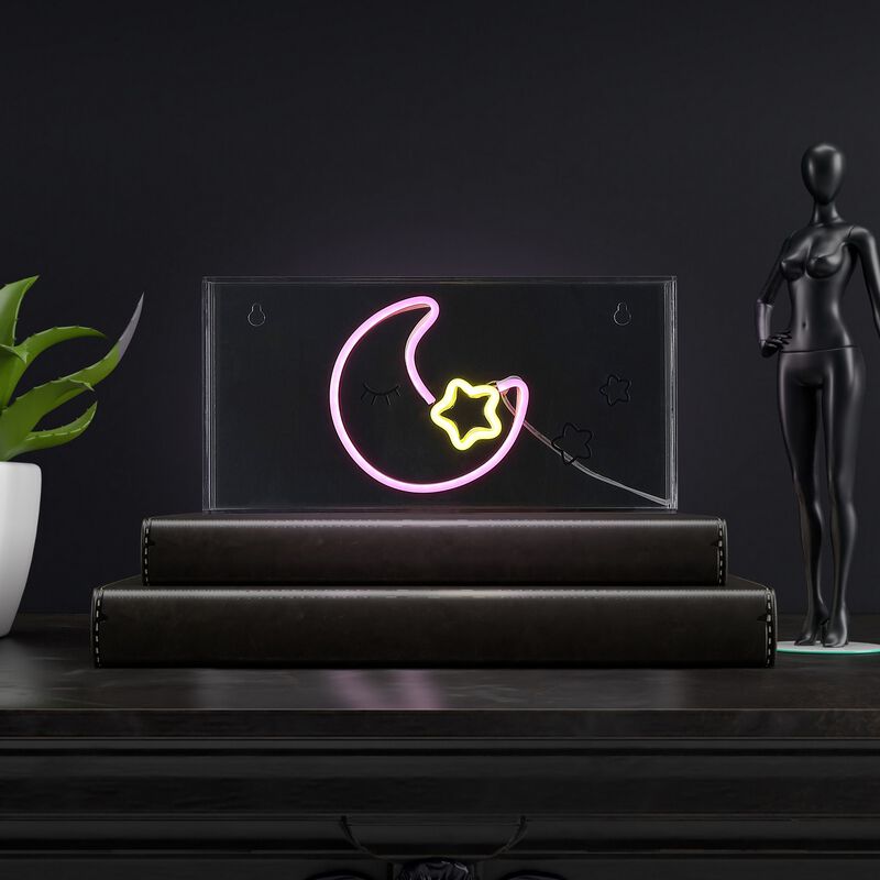 Moon 11.8" Contemporary Glam Acrylic Box USB Operated LED Neon Light, Pink/Yellow