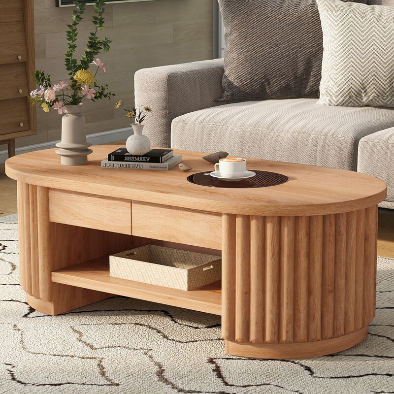 Merax Fluted Oval Coffee Table with 2 Pull-Out Side Drawers, Heat/Scratch-Resistant Glass Insert image number 3