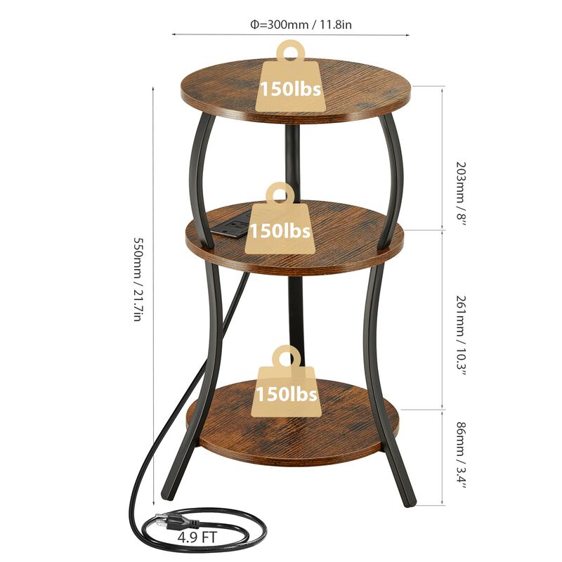 Small Round Side Table with Charging Station, 3-Tier Waist Circular End Table with Storage Shelf, Compact Tea Sofa Side Table Sm