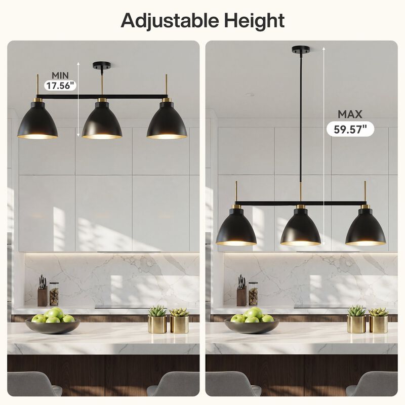Three-Light Linear Kitchen Island Light, Black and Gold Dome Shades image number 5