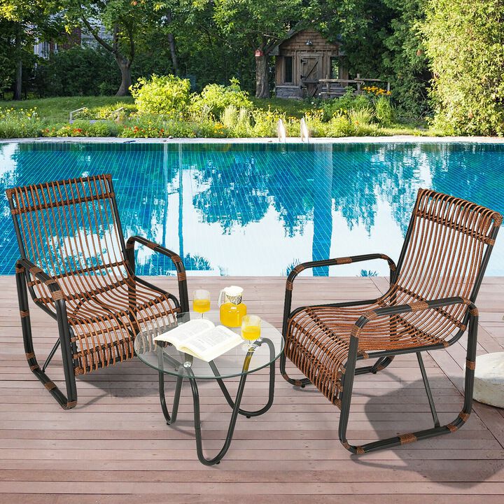 3 Pieces Patio Rattan Furniture Set with 2 Single Wicker Chairs and Glass Side Table