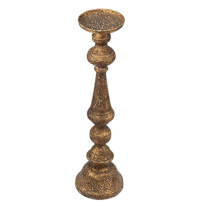 Mia 24 Inch Pillar Candle Holder, Antique Brass Metal, Turned Pedestal - Benzara