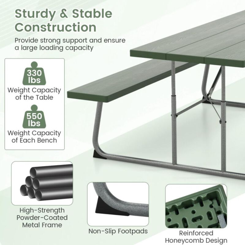 Hivvago Folding Picnic Table Set with Metal Frame and All-Weather HDPE Tabletop, Umbrella Hole