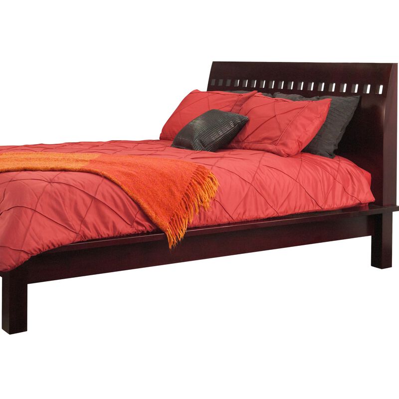 Mox King Platform Bed, Espresso Brown Wood, Cut Out Headboard, Block Legs - Benzara