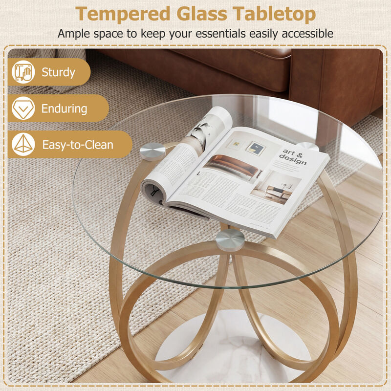 Round End Table Faux Marble Side Table with Tempered Glass Tabletop image number 5