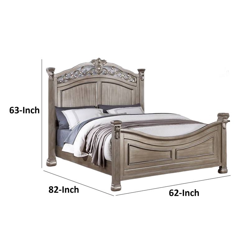 Aza Traditional Wood Queen Size Bed, Leaf Carvings, Champagne Gold Finish - Benzara