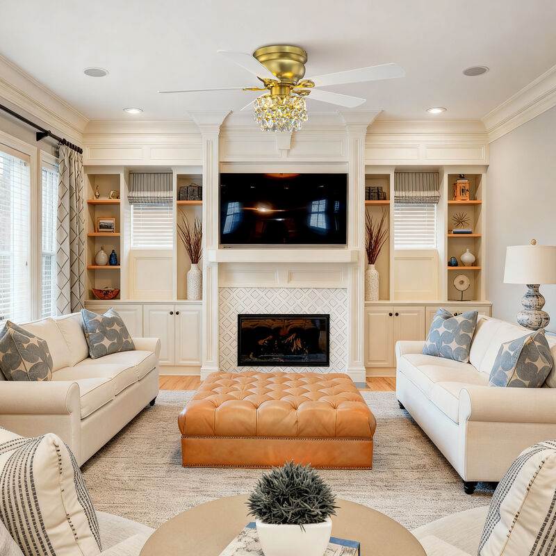 48 in. Soft Brass Crystal Flush Mount Hugger Ceiling Fan with Light and Remote