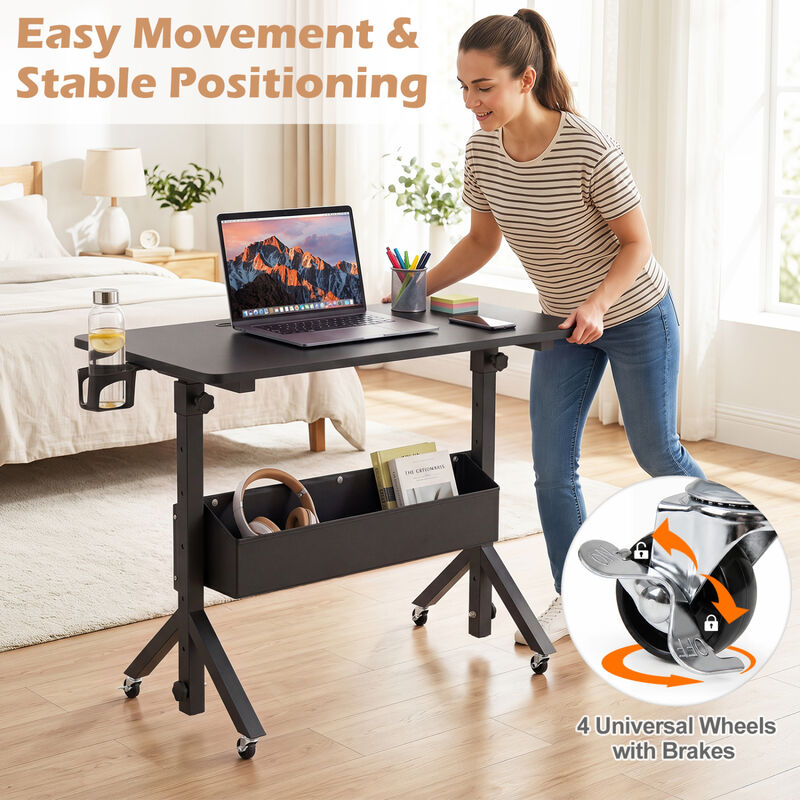 Mobile Rolling Standing Desk with Adjustable Height Cup Holder and Storage Basket image number 5
