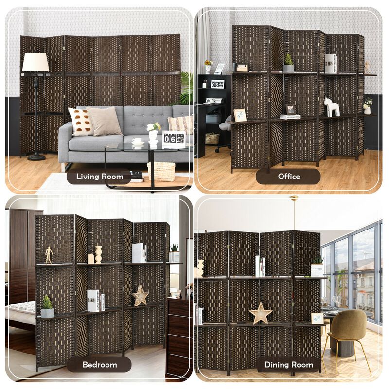6 Panel Folding Weave Fiber Room Divider With 2 Display Shelves