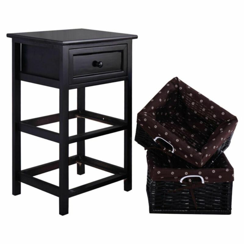 Hivvago 3 Tiers Wooden Storage Nightstand with 2 Baskets and 1 Drawer - Set of 2