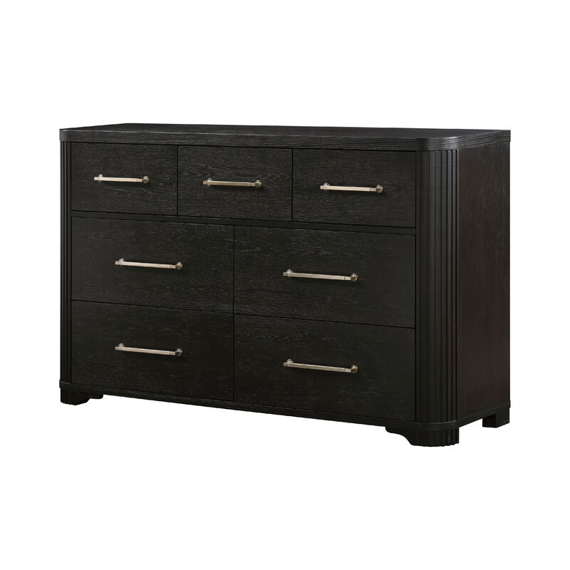 Chas 62 Inch Dresser, 7 Drawers Brass Bar Handles, Charcoal Black Wood - Benzara
