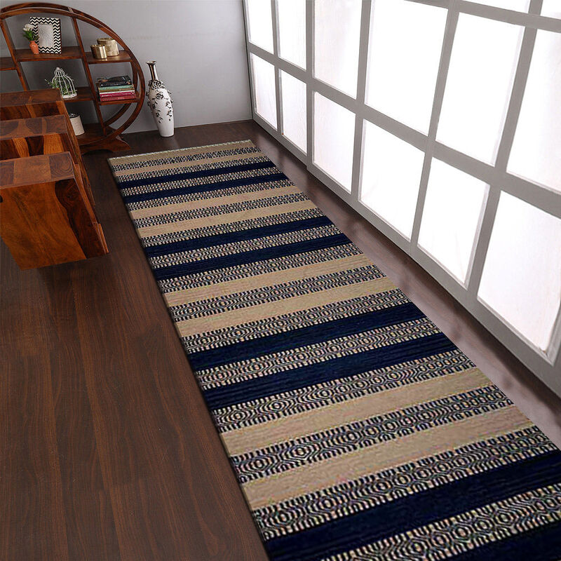 RUGSOTIC CARPETS HAND WOVEN FLAT WEAVE KILIM WOOL ECO-FRIENDLY AREA RUGS  - Aqua Cream Color, Contemporary Modern Design, Low Pile Handmade Rugs for Living Room (D00115) image number 1