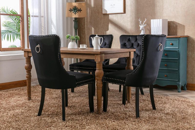 Velvet Upholstered Dining Chairs, Set of 2 &ndash; Tufted Back & Wood Legs