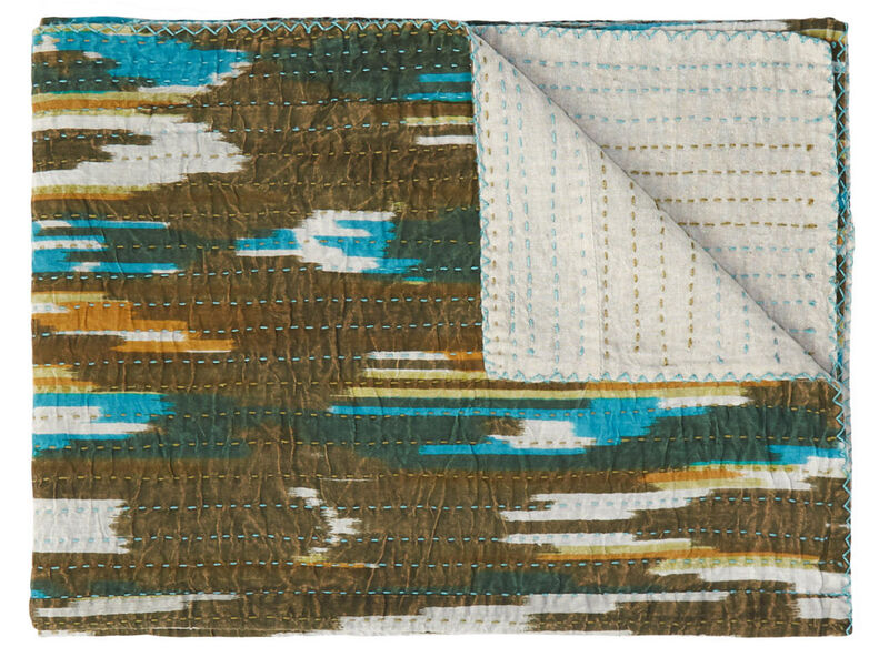 HomeRoots 50" X 70" Brown And Blue Ikat Cotton Quilted Kantha Throw Blanket with Embroidery image number 0