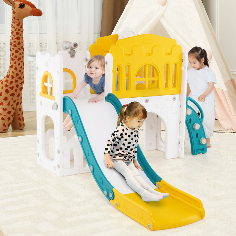 L-Shaped 9 in 1 Toddler Slide with Basketball Hoop and Steering Wheel for Kids image number 1