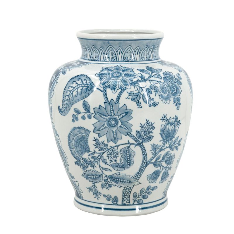 HomeRoots 11" Light Blue And White Floral Round Porcelain Jar image number 2