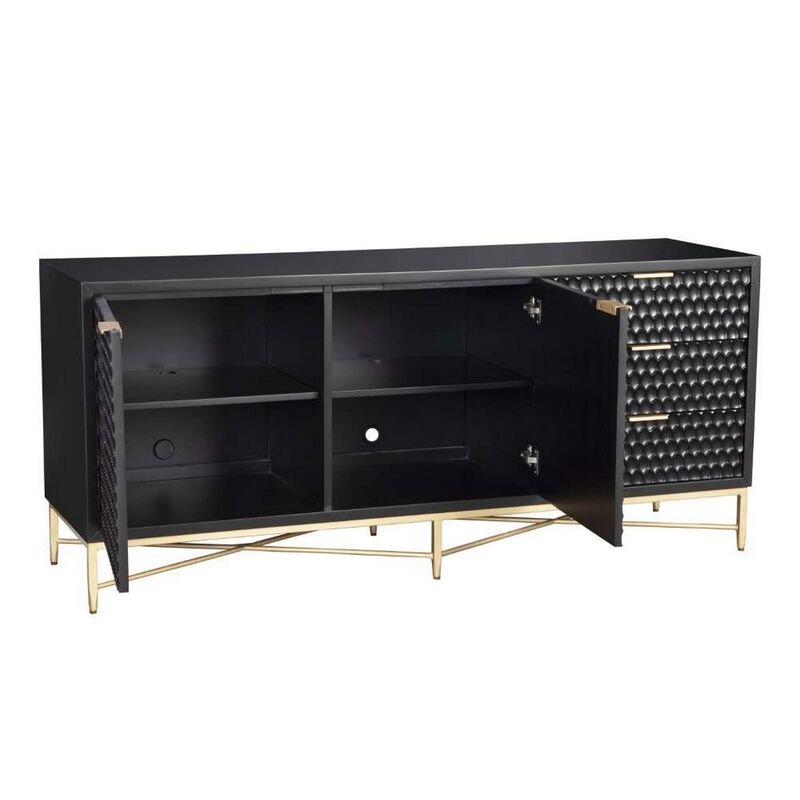 Rexi 64 Inch TV Media Entertainment Center Console, 3 Drawers, Black, Gold - Benzara