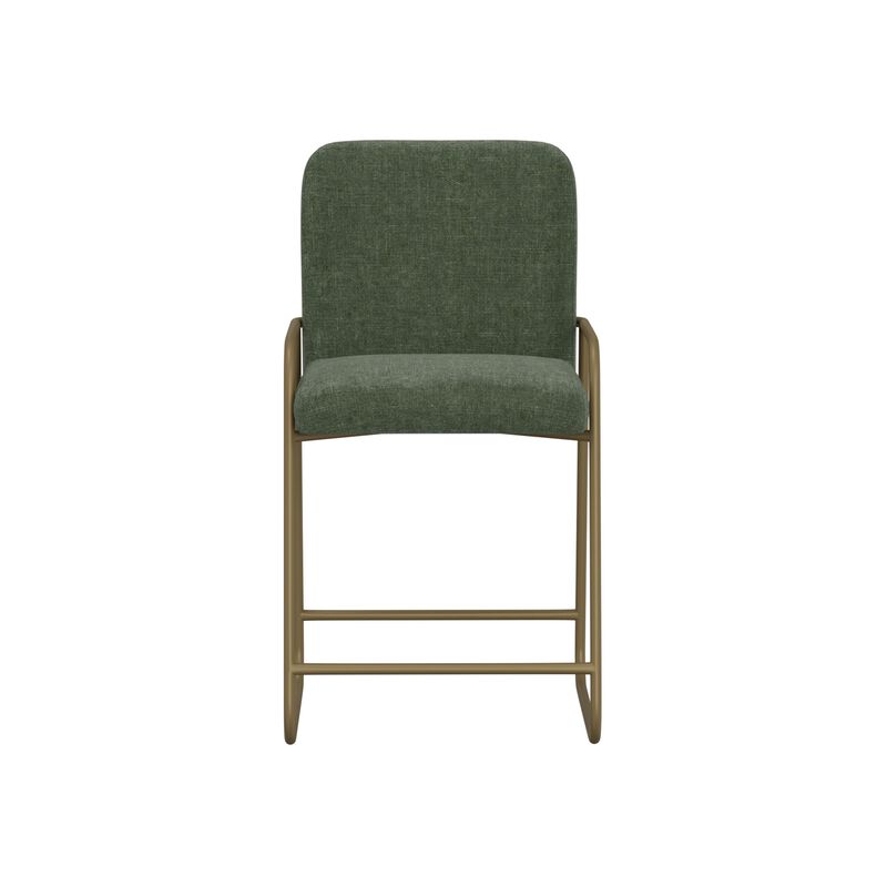 Suze Counter Height Chair, Arch Back, Gold Iron, Olive Green Polyester  - Benzara