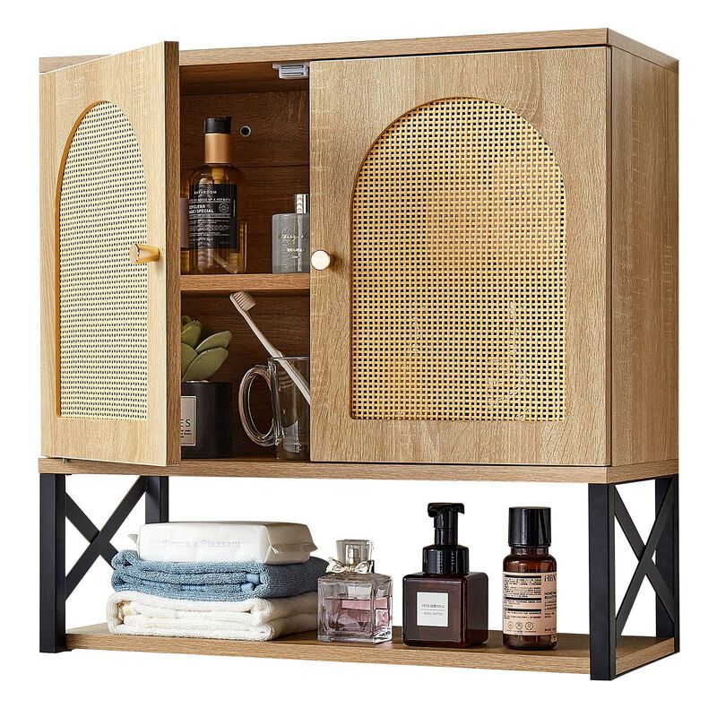 Bathroom Storage Cabinet Wall Mounted with Adjustable Shelf and Open Partition-Brown image number 3
