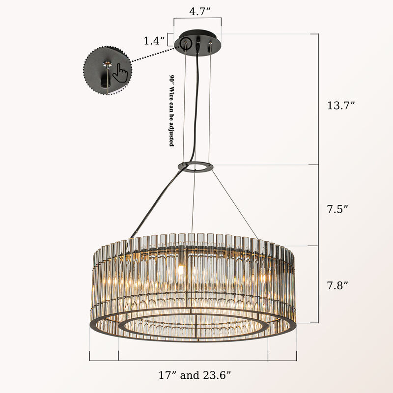6-Light Modern Luxury Matte Black 2-Tier Round Chandelier With Glass Rods image number 6