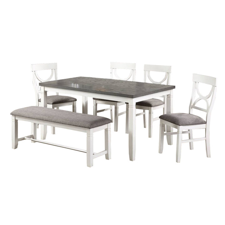 6 Piece Dining Set with Cut Out Back Chairs and Padded Bench, White and Gray - Benzara