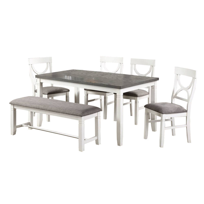 6 Piece Dining Set with Cut Out Back Chairs and Padded Bench, White and Gray - Benzara