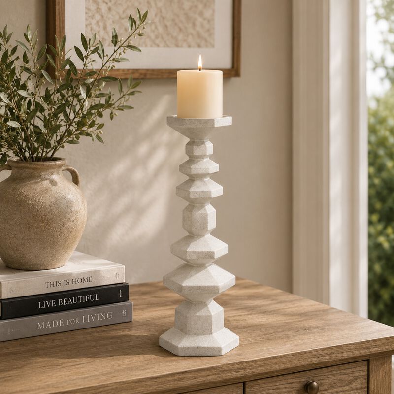 Tabletop Pillar Candle Stand, Stacked Geometric Shapes, White Resin 18 Inch image number 8