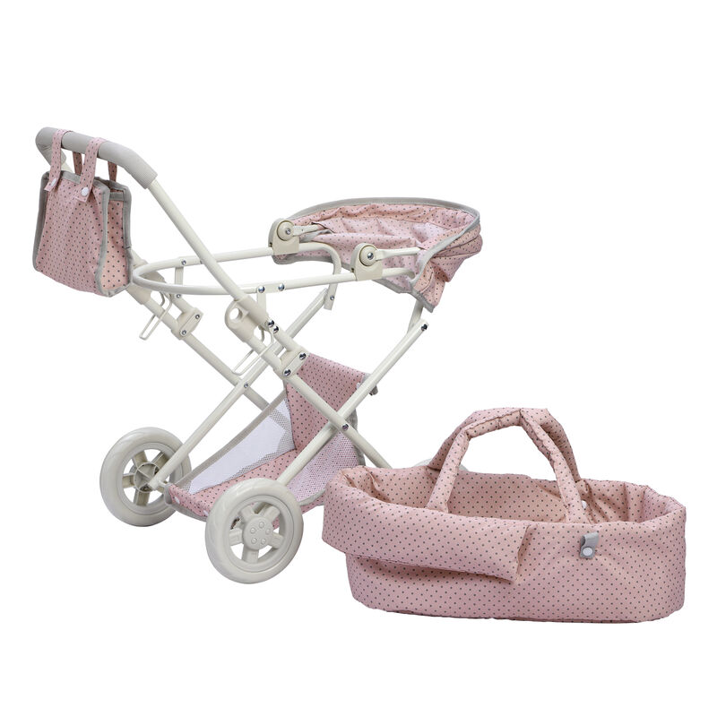 Olivia's Little World Polka Dot Princess Baby Doll Pram Stroller with Retractable Canopy & Storage, Pink/Gray