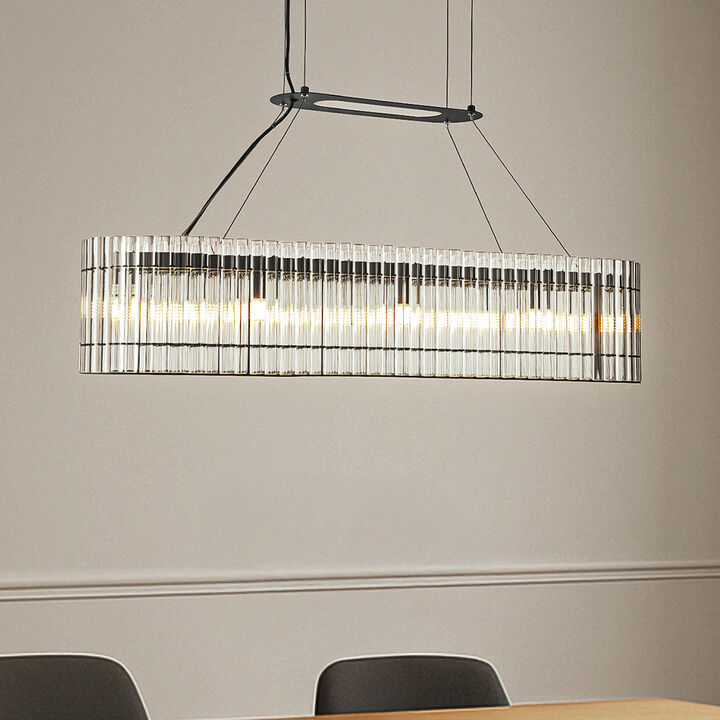 8-Light 39'' Modern Elegant Rectangle 2-Tier Glass And Matte Black Chandelier For Dining Room
