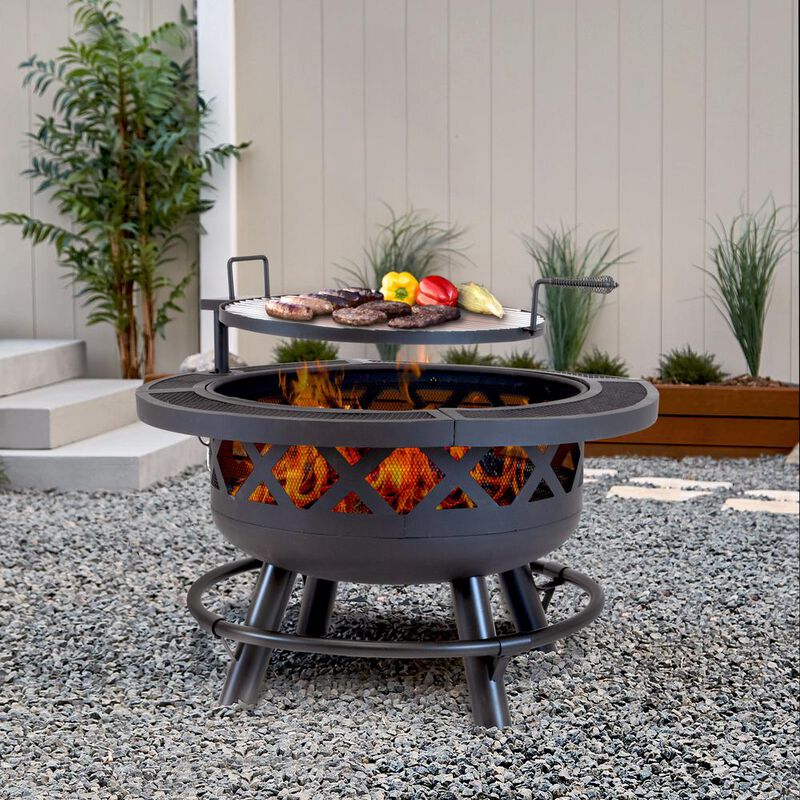 Outdoor Leisure 32" Roundup Fire Pit with adjustable 20 inch cooking shelf