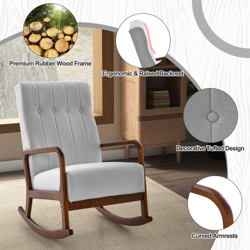 Rocking Chair with Ottoman and Solid Rubber Wood Frame and Padded Cushion-Grey