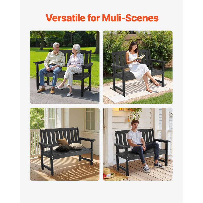 Weatherproof Outdoor Bench for 2-3 People Plastic Patio Bench with Backrest for Porch Yard-Black image number 4