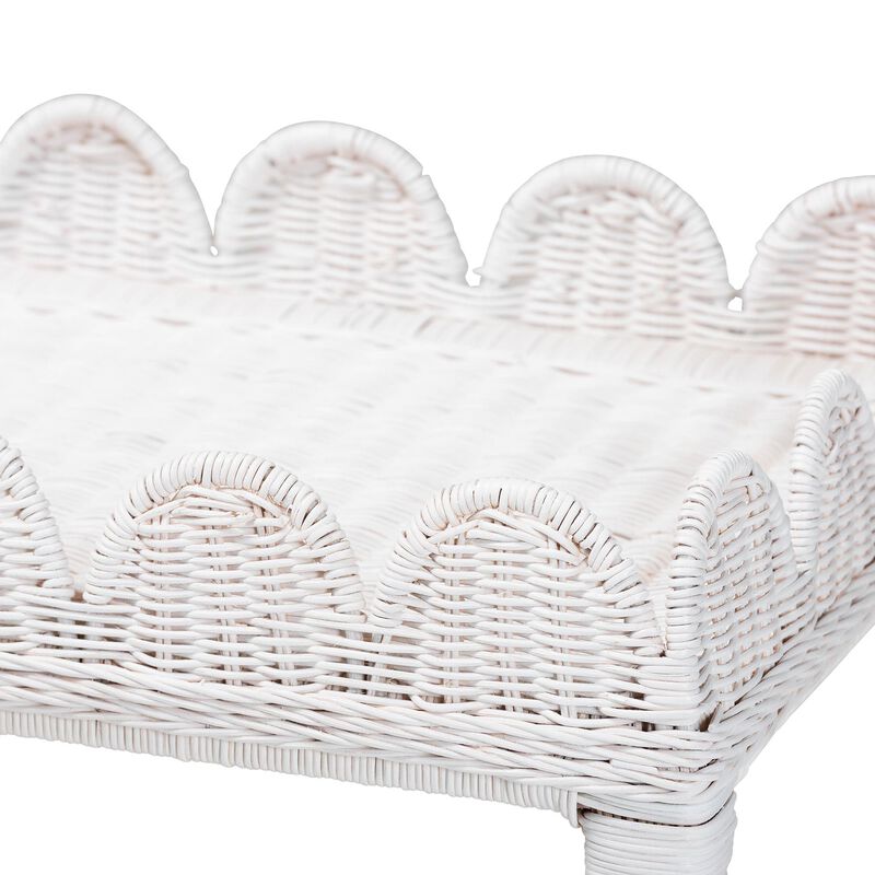 bali & pari Sumana Natural Rattan Side Table - Handwoven Wicker 2-Tier Accent End Table with Scalloped Tray Top for Living Room, White image number 3