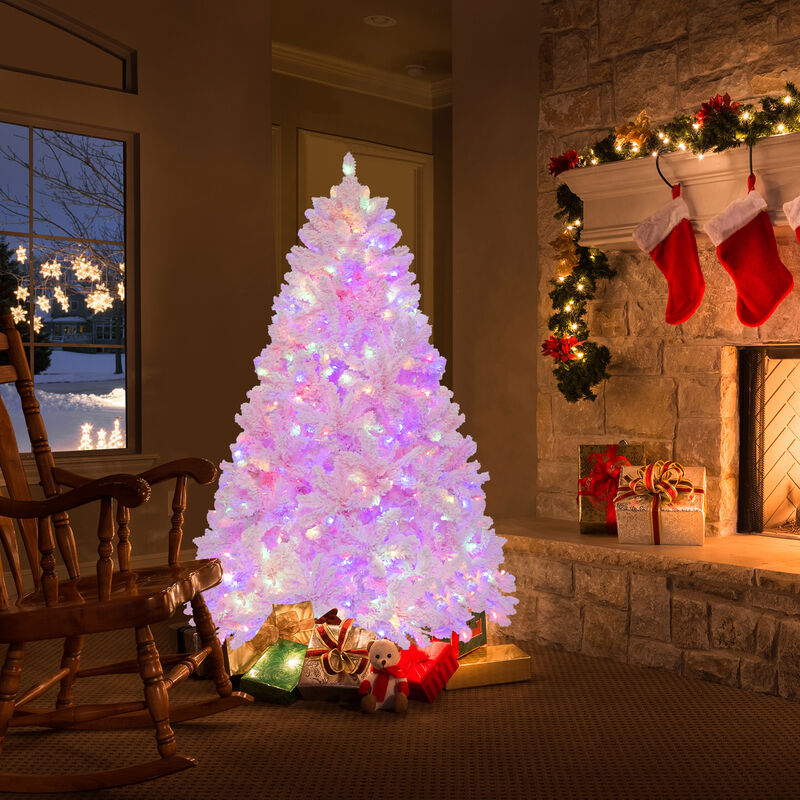 Flocked Artificial Xmas Tree Hinged with 350 LED Lights for Snowy, Bright Holiday Decor