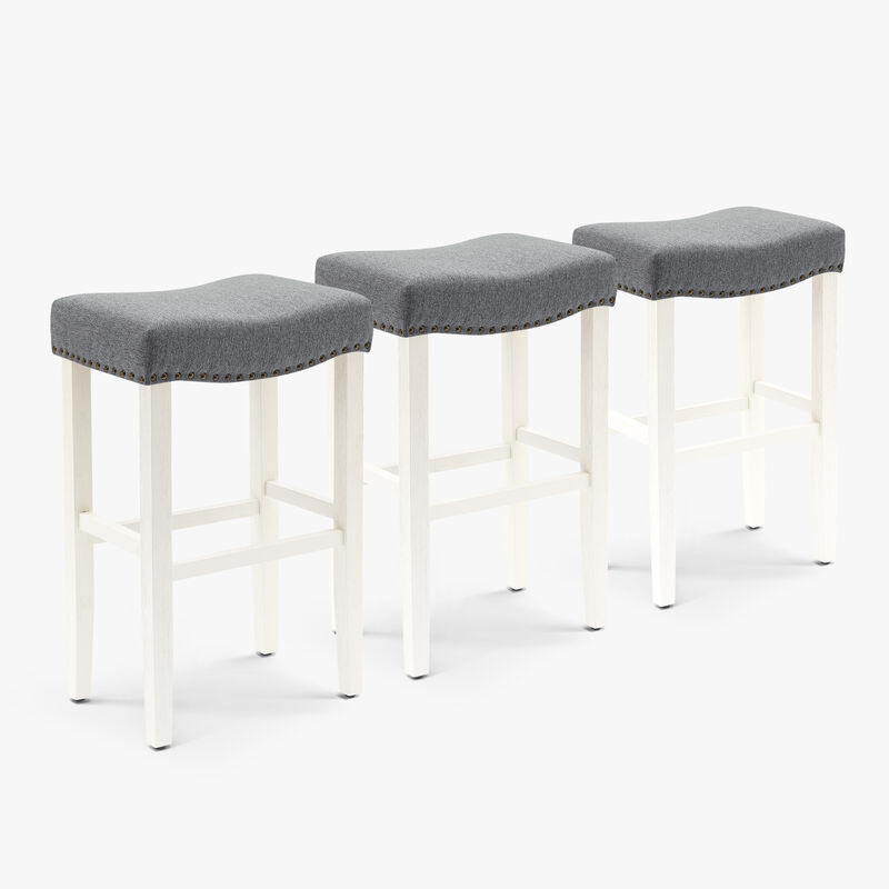WestinTrends 29" Upholstered Saddle Seat Antique White Bar Stool (Set of 3)