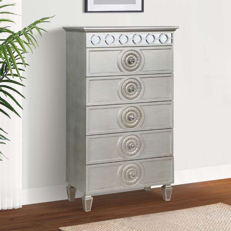 Nic 54 Inch Modern Tall Dresser Chest, 5 Drawers, Round Knobs, Silver - Benzara