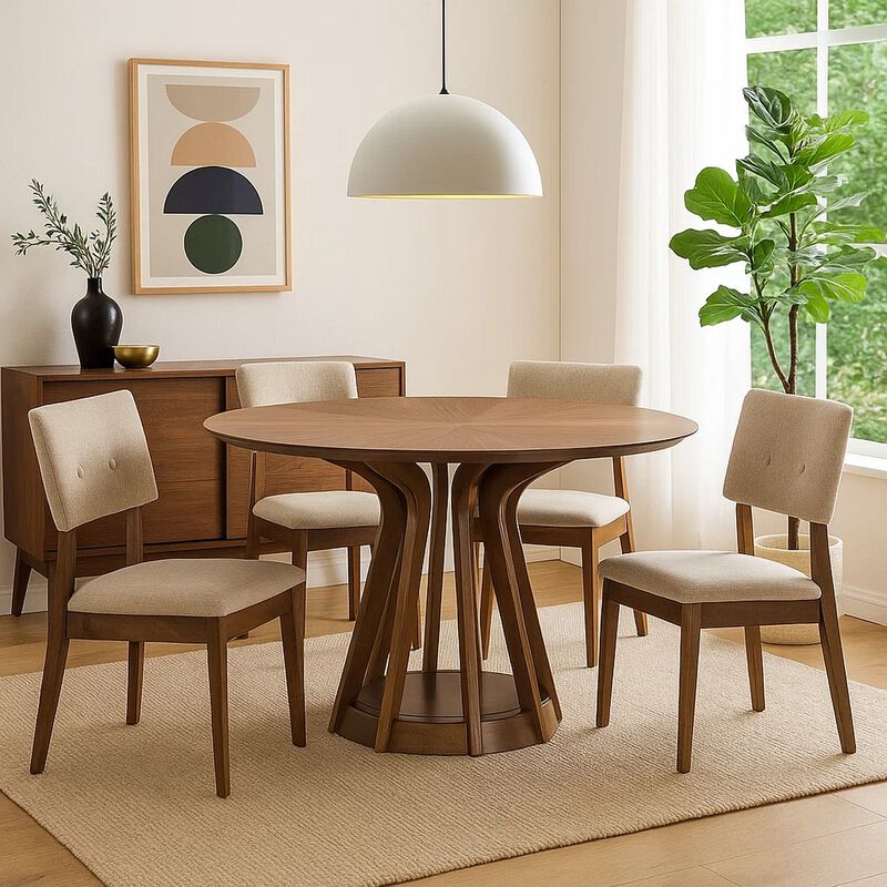 Koen Round Dining Table, Scandinavian Style, Walnut Brown Wood 47 Inch