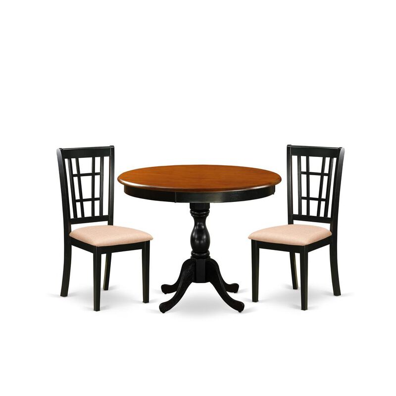 East West Furniture 3-Pc Dinning Table Set Consists of a Modern Kitchen Table and 2 Linen Fabric Mid Century Chairs with Slatted Back - Black Finish