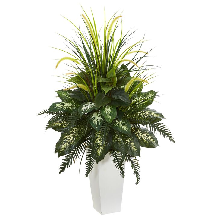 Hivvago Mixed River Fern and Dogtail Artificial Plant in White Tower Planter