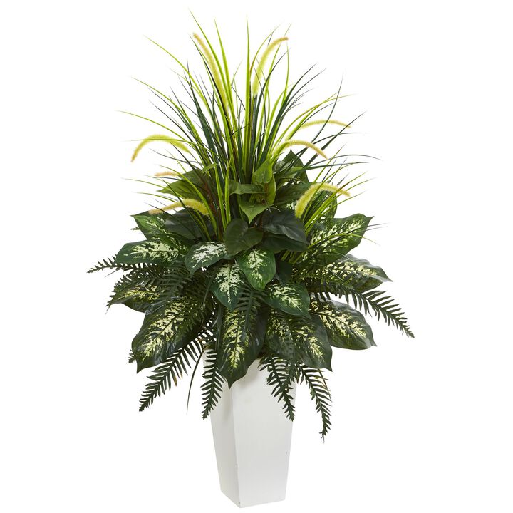 HomPlanti Mixed River Fern and Dogtail Artificial Plant in White Tower Planter